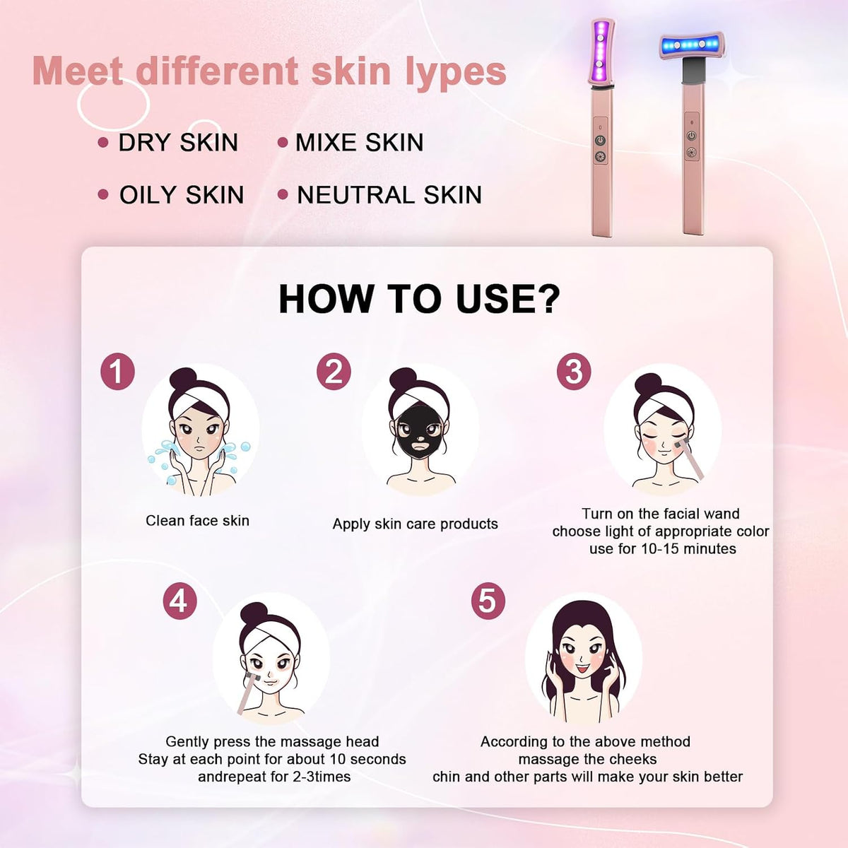 Red Light Therapy for Face, 6 in 1 LED Light Therapy Eye Equipment for Skin,Face Wand with Facial Massager, Skincare Facial Wand,Vibration, Thermal, Microcurrent，Portable Beauty Tools